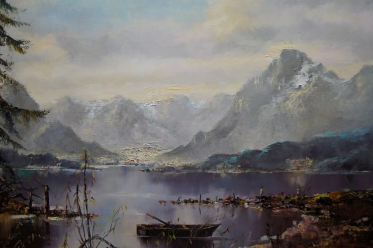 Jesienny pejzaż z nad jeziora Eibsee z górami w tle Friedrich Karl Thauer