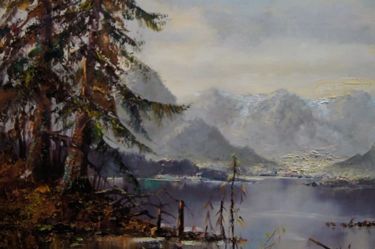 Jesienny pejzaż z nad jeziora Eibsee z górami w tle Friedrich Karl Thauer