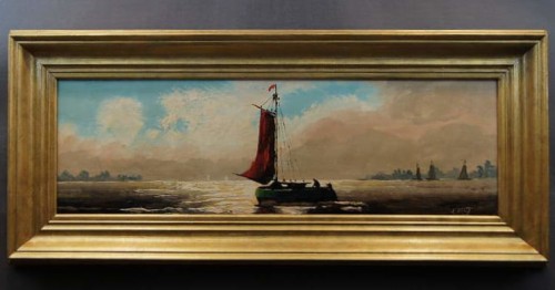 Stary obraz olejny - Kuter na morzu V. Vegt