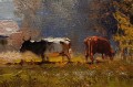 Krowy na pastwisku i prace w polu - malarstwo niemieckie Helmut Stadelhofer