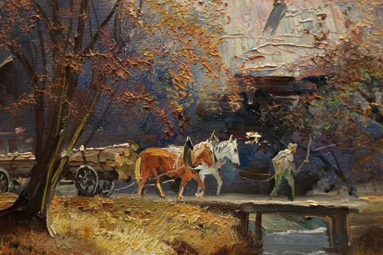 Duży obraz olejny - Barwna wieś - malarstwo monachijskie Helmut Stadelhofer