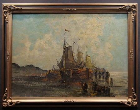 Kutry rybackie u wybrzeża i wyładunek ryb - holenderski obraz Wim Van Norden
