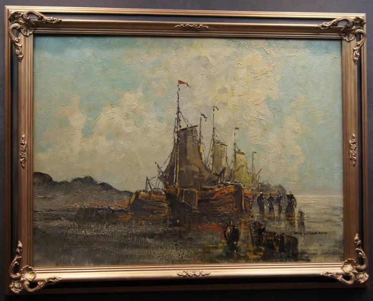 Kutry rybackie u wybrzeża i wyładunek ryb - holenderski obraz Wim Van Norden