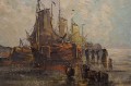 Kutry rybackie u wybrzeża i wyładunek ryb - holenderski obraz Wim Van Norden