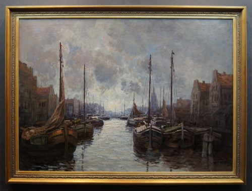 Łodzie w porcie - olbrzymi przedwojenny obraz olejny Josef Dederichs