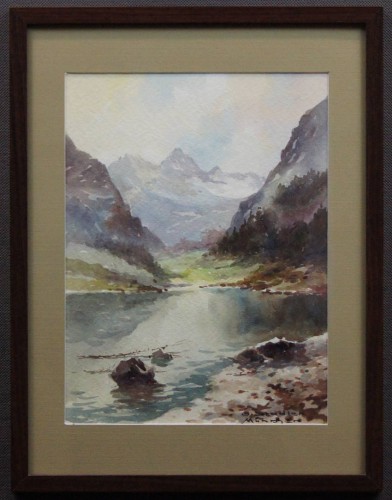 Górskie jezioro akwarelowe malarstwo niemieckie Benno Stadler