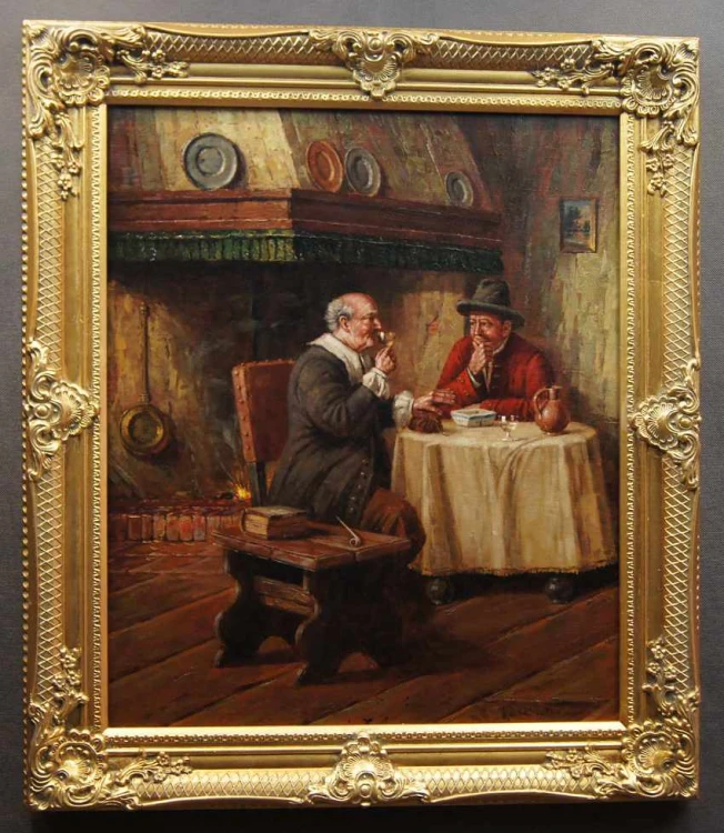 ölgemälde von Heinz Werner van der Porten - Männlicher Diskurs am Tisch