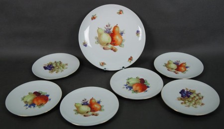 Zestaw talerzyków z paterą z dekoracją owocową - porcelana Schumann