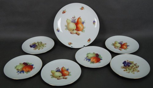 Zestaw talerzyków z paterą z dekoracją owocową - porcelana Schumann