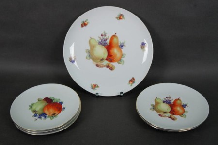Zestaw talerzyków z paterą z dekoracją owocową - porcelana Schumann