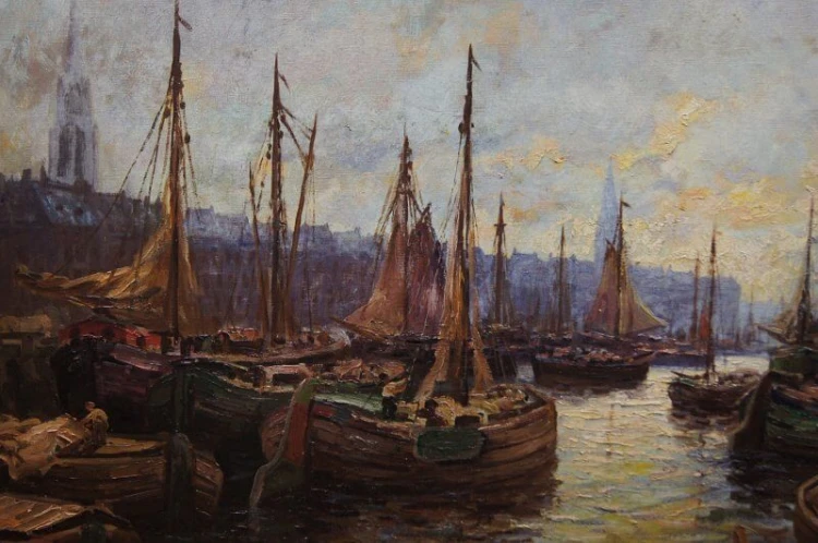 Josef Dederichs Port olbrzymi stary obraz olejny