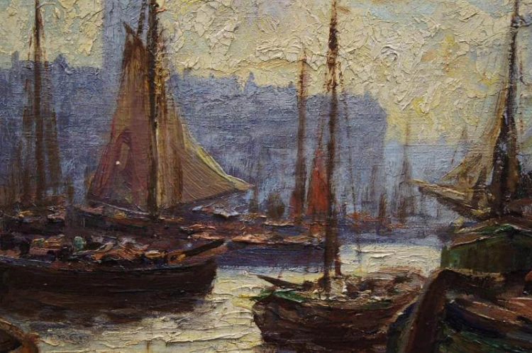 Josef Dederichs Port olbrzymi stary obraz olejny
