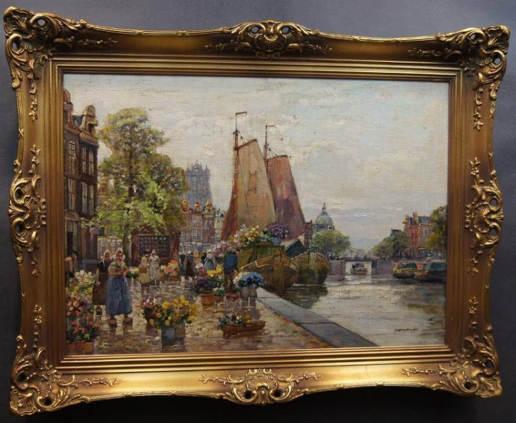 Targ kwiatowy w Amsterdamie R. Hornemann urzekające stare malarstwo