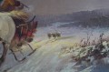 Konna trojka ścigana przez wilki w zimowej scenerii | obraz olejny Michael Borbely