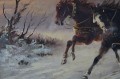 Konna trojka ścigana przez wilki w zimowej scenerii | obraz olejny Michael Borbely
