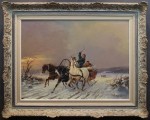 Konna trojka ścigana przez wilki w zimowej scenerii | obraz olejny Michael Borbely