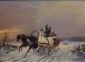 Konna trojka ścigana przez wilki w zimowej scenerii | obraz olejny Michael Borbely