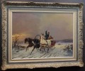 Konna trojka ścigana przez wilki w zimowej scenerii | obraz olejny Michael Borbely