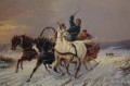 Konna trojka ścigana przez wilki w zimowej scenerii | obraz olejny Michael Borbely