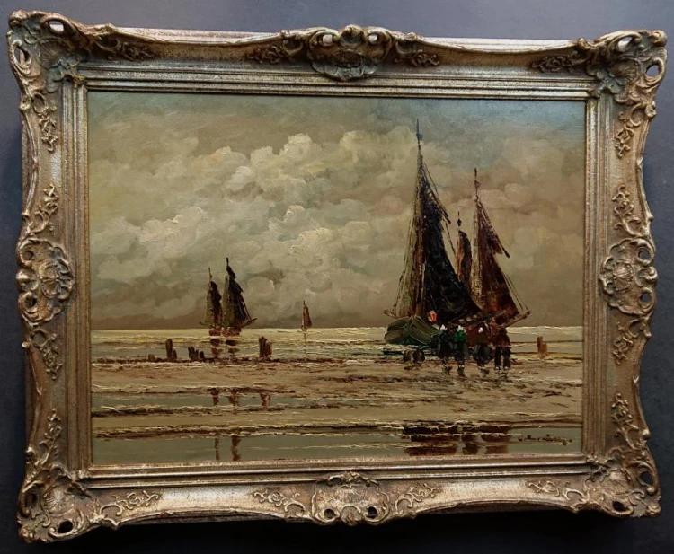 Marynistyczny obraz Jean Coune | Łodzie rybackie przy plaży