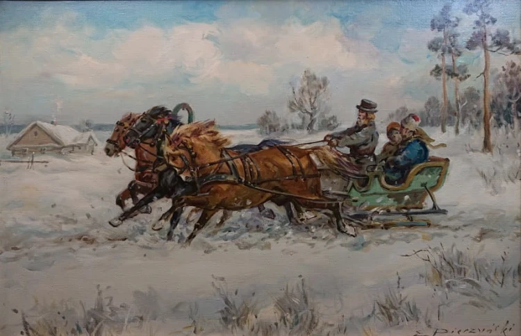Edward Pierzyński ☆ 1922 Aukcyjne malarstwo - Polska zimowa trojka