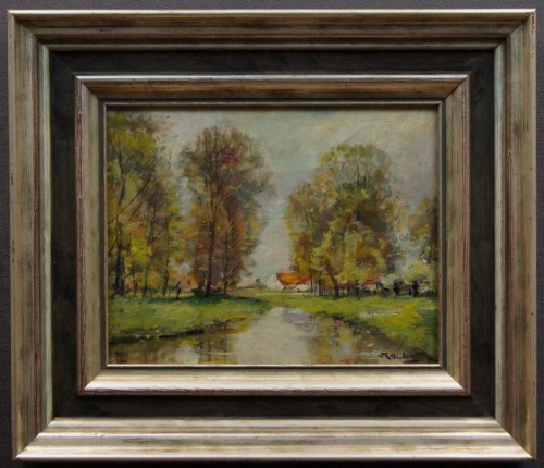 Jesienny pejzaż wiejski z rzeką obraz olejny Richard Falkenberg