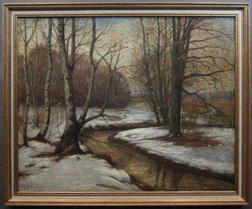 Nostalgiczny zimowy pejzaż olejny Egon Baumann