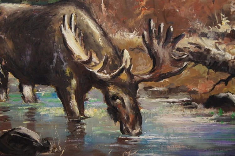 Łoś na rozlewiskach obraz na płycie | malarstwo animalistyczne