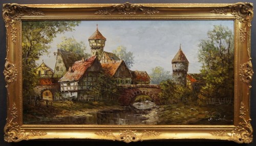 August Wendehals - wiejska stara zabudowa z kamiennym mostem