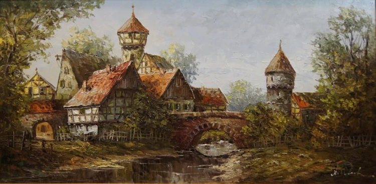 August Wendehals - wiejska stara zabudowa z kamiennym mostem