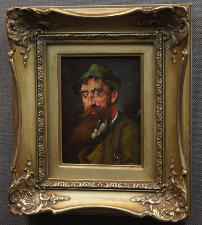 Alfred Zimmermann - aukcyjny obraz - Portret myśliwego z fajką