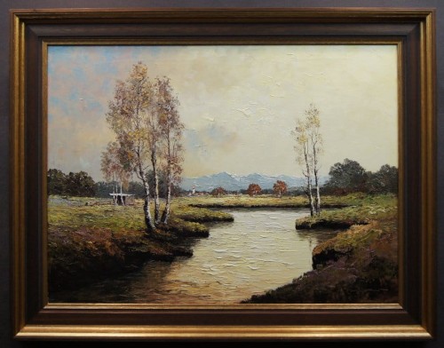 Georg Wegener - Obraz olejny Plener z rzeką i brzozami
