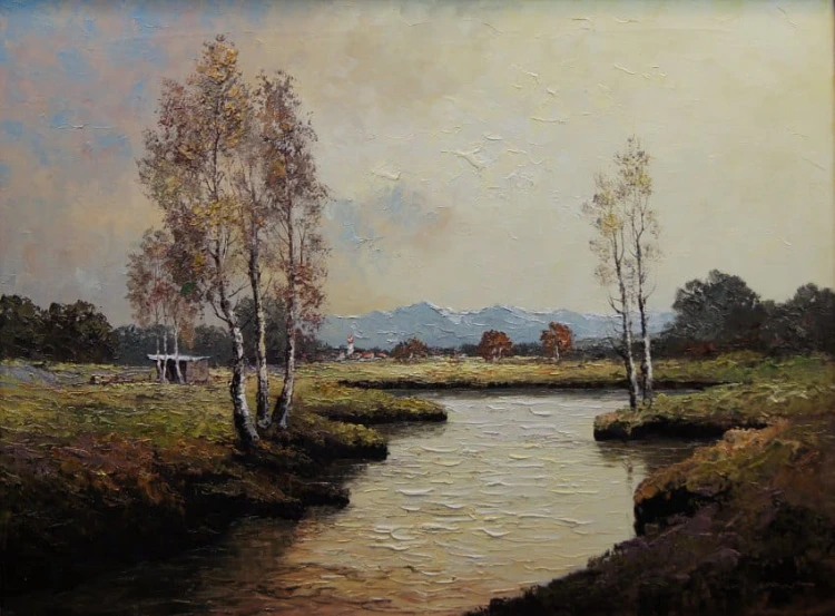 Georg Wegener - Obraz olejny Plener z rzeką i brzozami