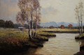 Georg Wegener - Obraz olejny Plener z rzeką i brzozami