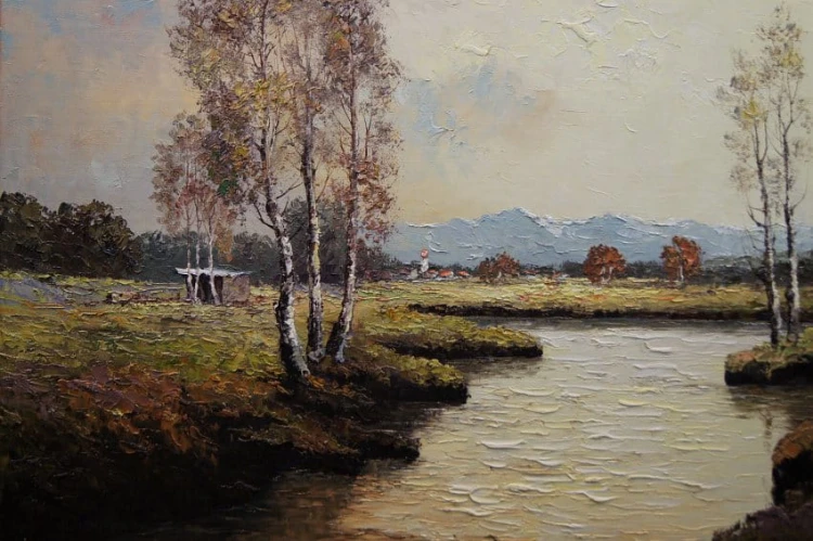 Georg Wegener - Obraz olejny Plener z rzeką i brzozami