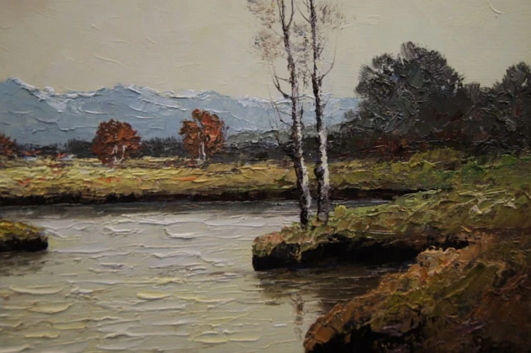 Georg Wegener - Obraz olejny Plener z rzeką i brzozami