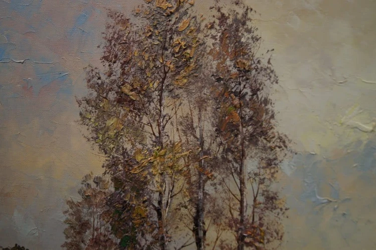 Georg Wegener - Obraz olejny Plener z rzeką i brzozami