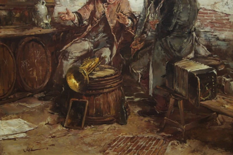 Gerhard Dickmeis - Wesołe pogaduchy w szynku - obraz scena rodzajowa