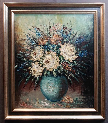 Kolorowe kwiatki w wazonie na obrazie olejnym | Anton Domberg