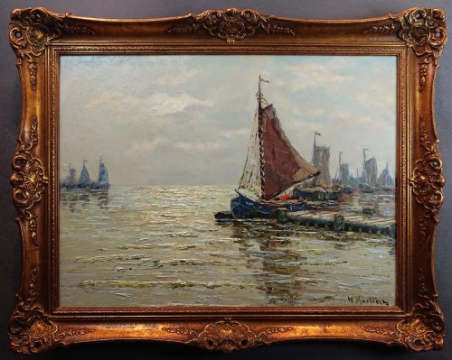 Przystań z kutrami stary obraz olejny - Carl Wilhelm Mosblech