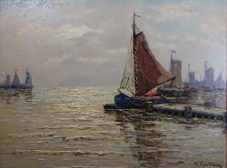 Przystań z kutrami stary obraz olejny - Carl Wilhelm Mosblech
