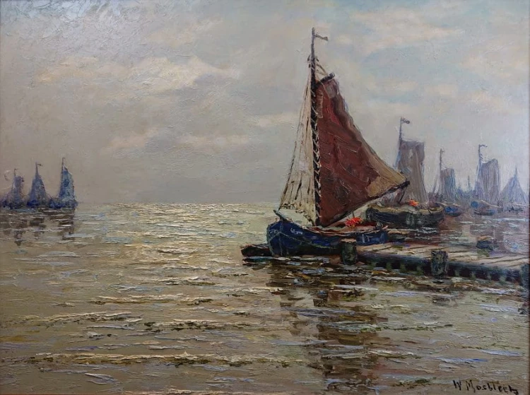 Przystań z kutrami stary obraz olejny - Carl Wilhelm Mosblech