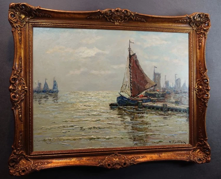 Przystań z kutrami stary obraz olejny - Carl Wilhelm Mosblech