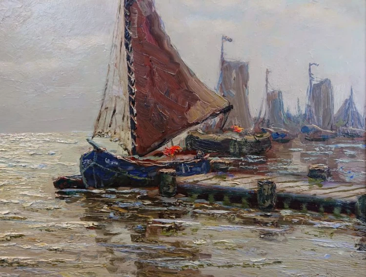 Przystań z kutrami stary obraz olejny - Carl Wilhelm Mosblech