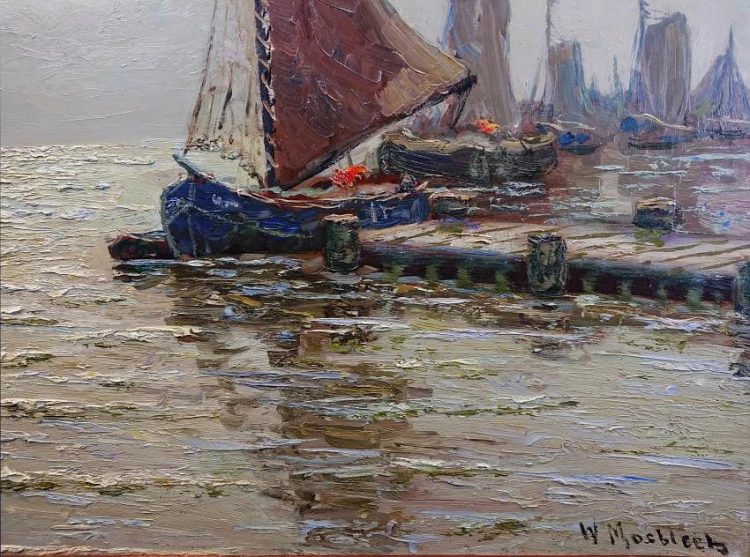 Przystań z kutrami stary obraz olejny - Carl Wilhelm Mosblech
