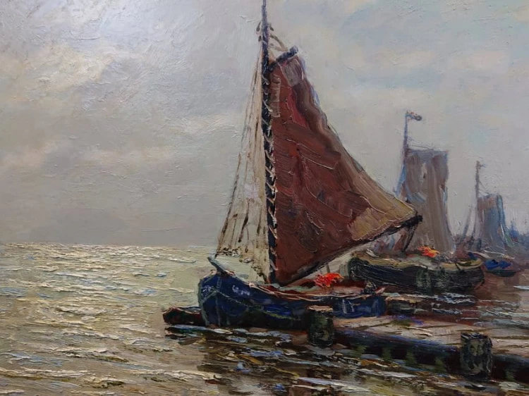 Przystań z kutrami stary obraz olejny - Carl Wilhelm Mosblech