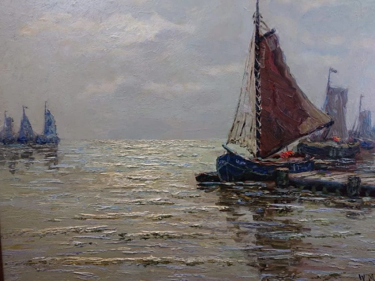 Przystań z kutrami stary obraz olejny - Carl Wilhelm Mosblech