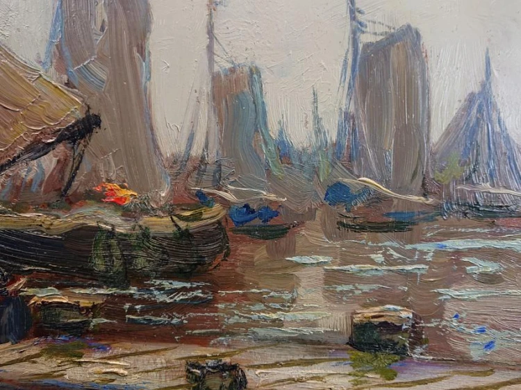 Przystań z kutrami stary obraz olejny - Carl Wilhelm Mosblech
