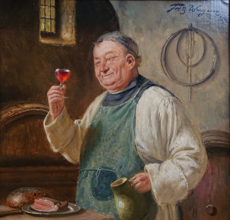 Fritz Wagner - U mnicha w piwniczce - aukcyjny cenny obraz
