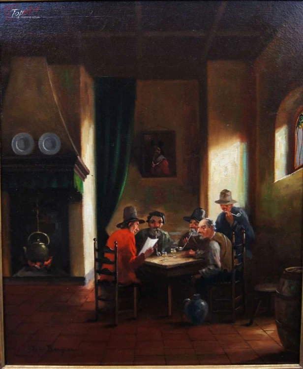 Stary obraz Klaus Bergen Dysputy przy stole